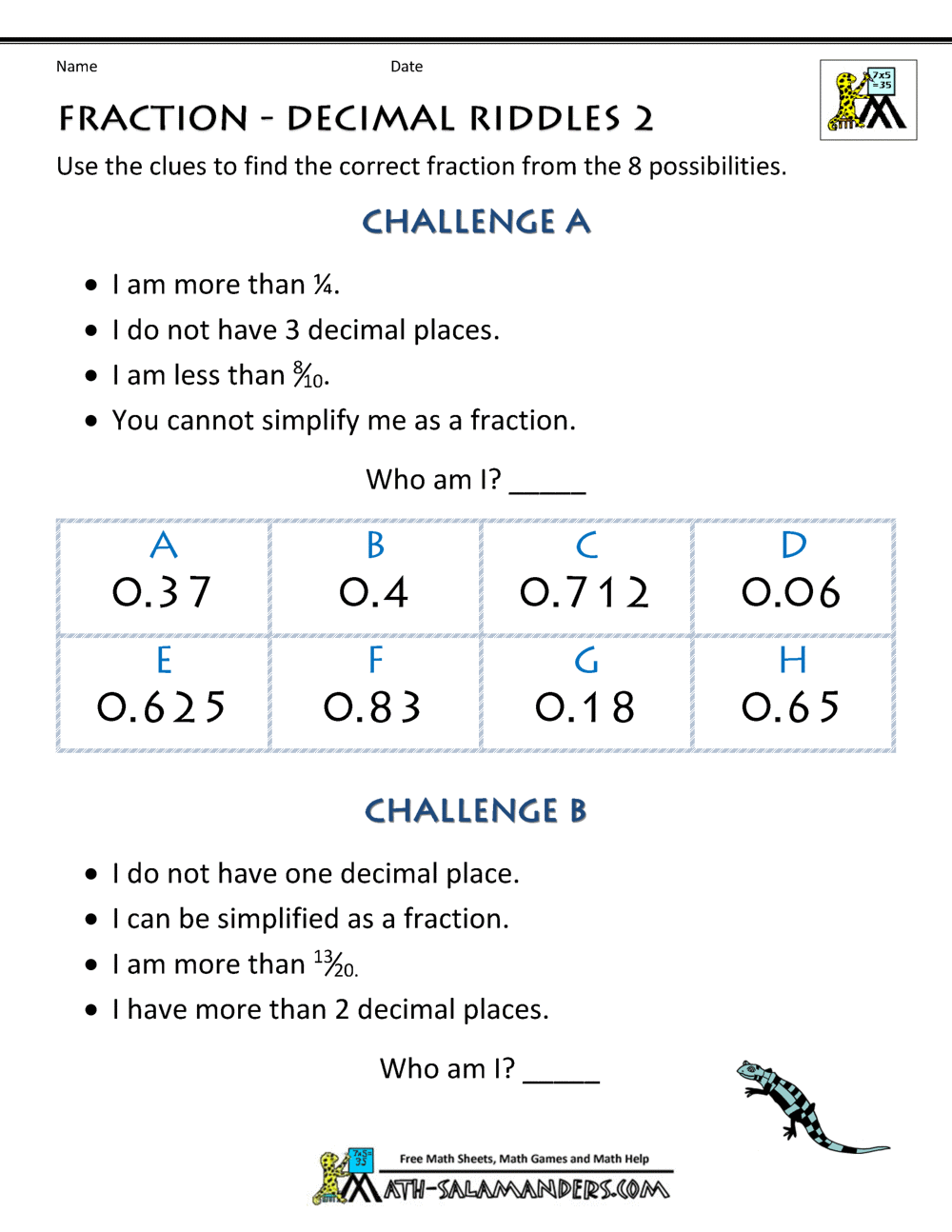 Converting Decimals To Fractions Worksheet