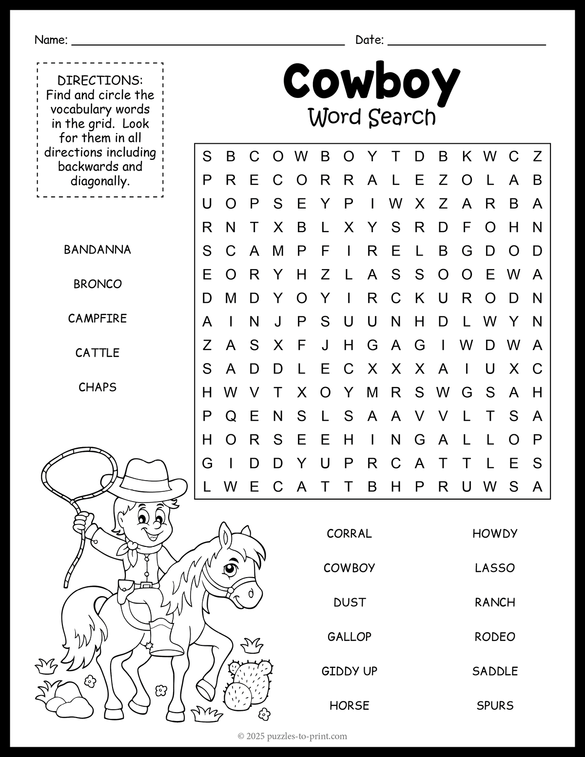 Cowboy Word Search