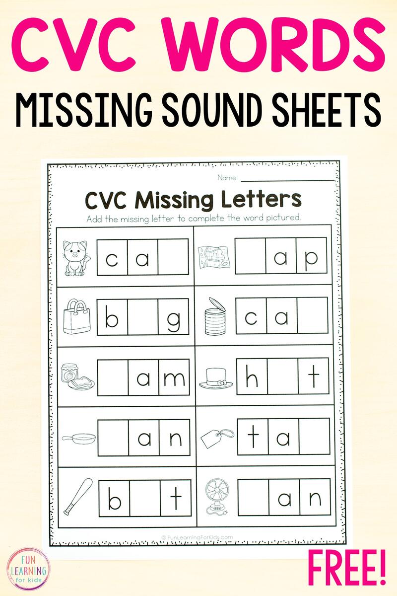 CVC Missing Letter Worksheets For Phonics Practice