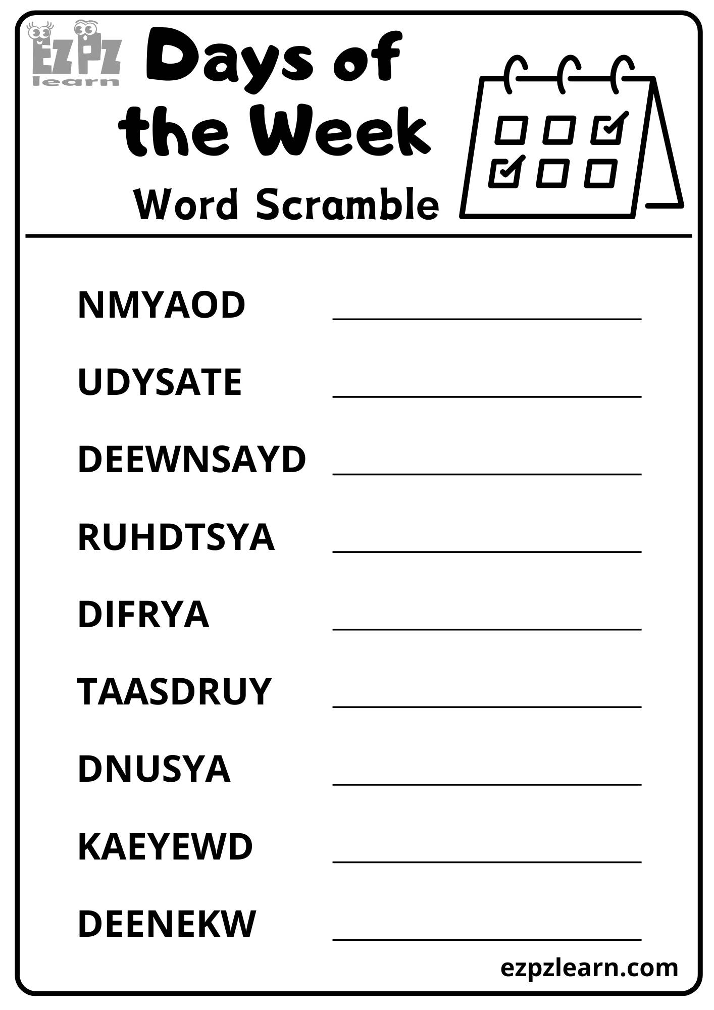 Days Of The Week Word Scramble Vocabulary Words Free Download PDF File Ezpzlearn