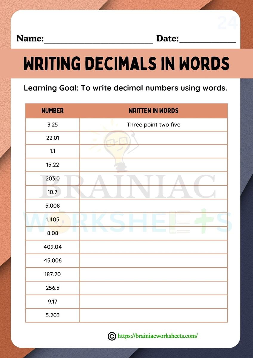 Decimals Year 4 WRITE DECIMALS IN WORDS AND NUMERALS Worksheet Worksheets Library