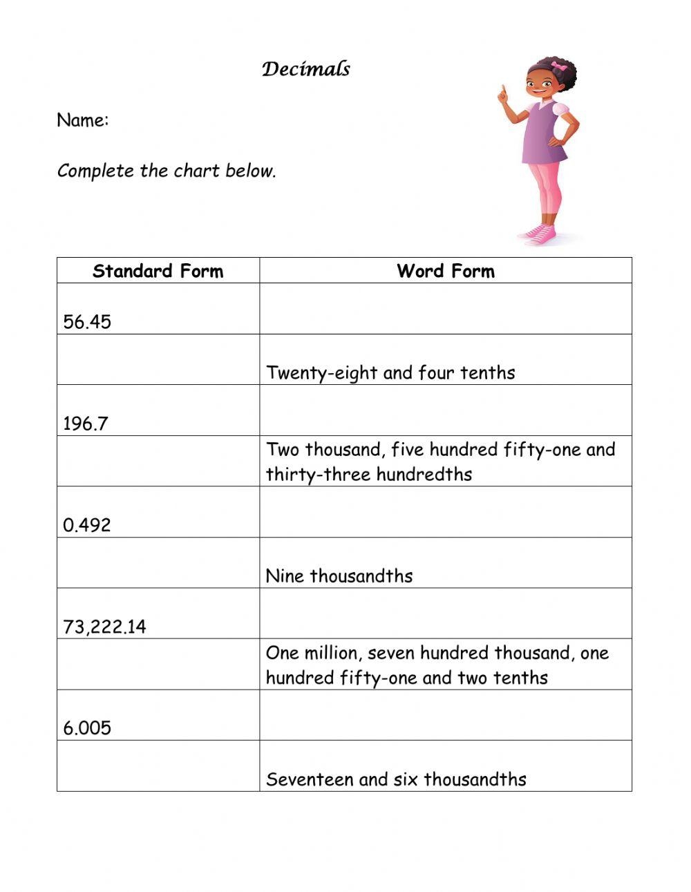 Decimal Word And Standard Form Worksheet Worksheets Library