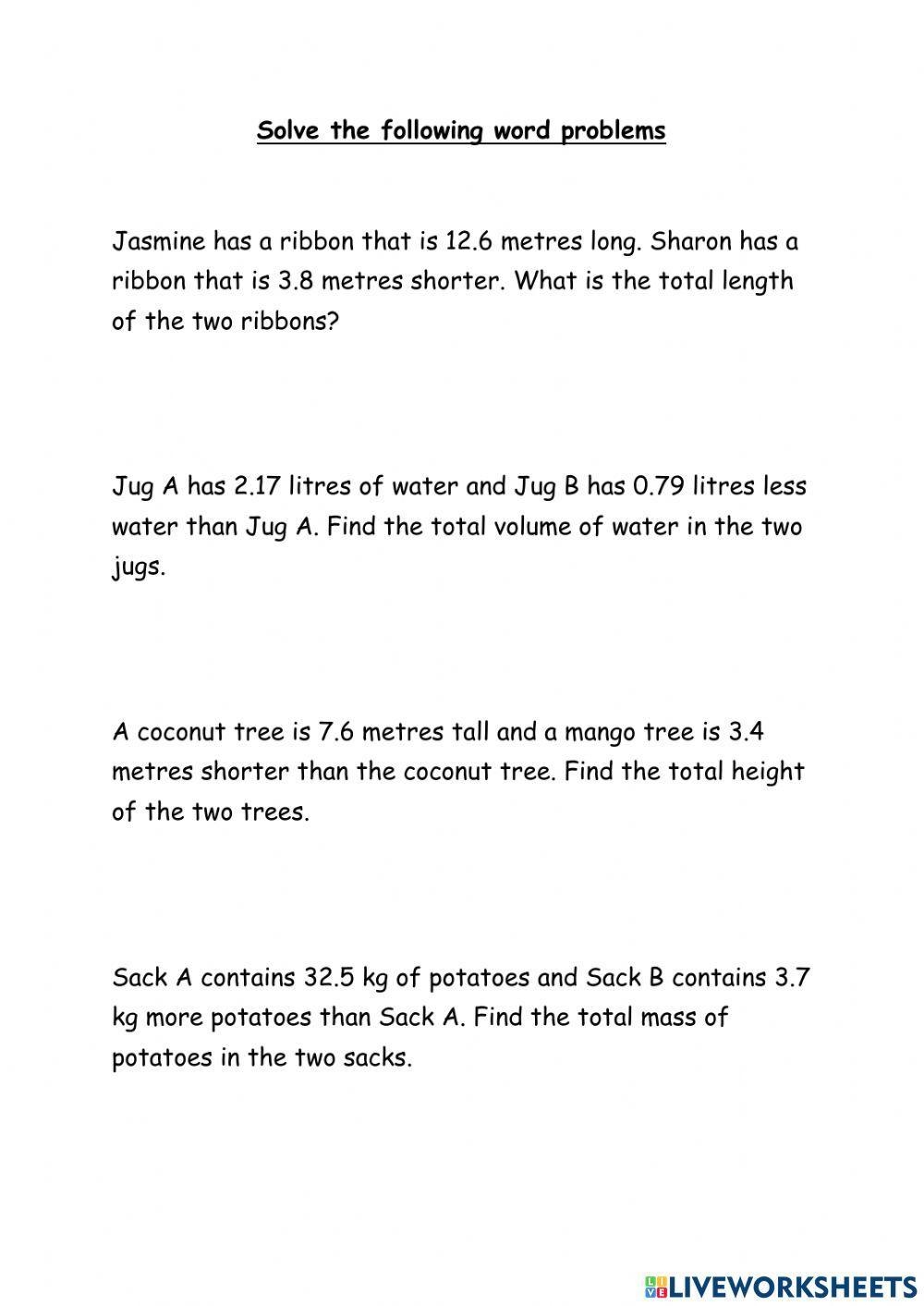 Decimal Word Problem Worksheet Worksheets Library