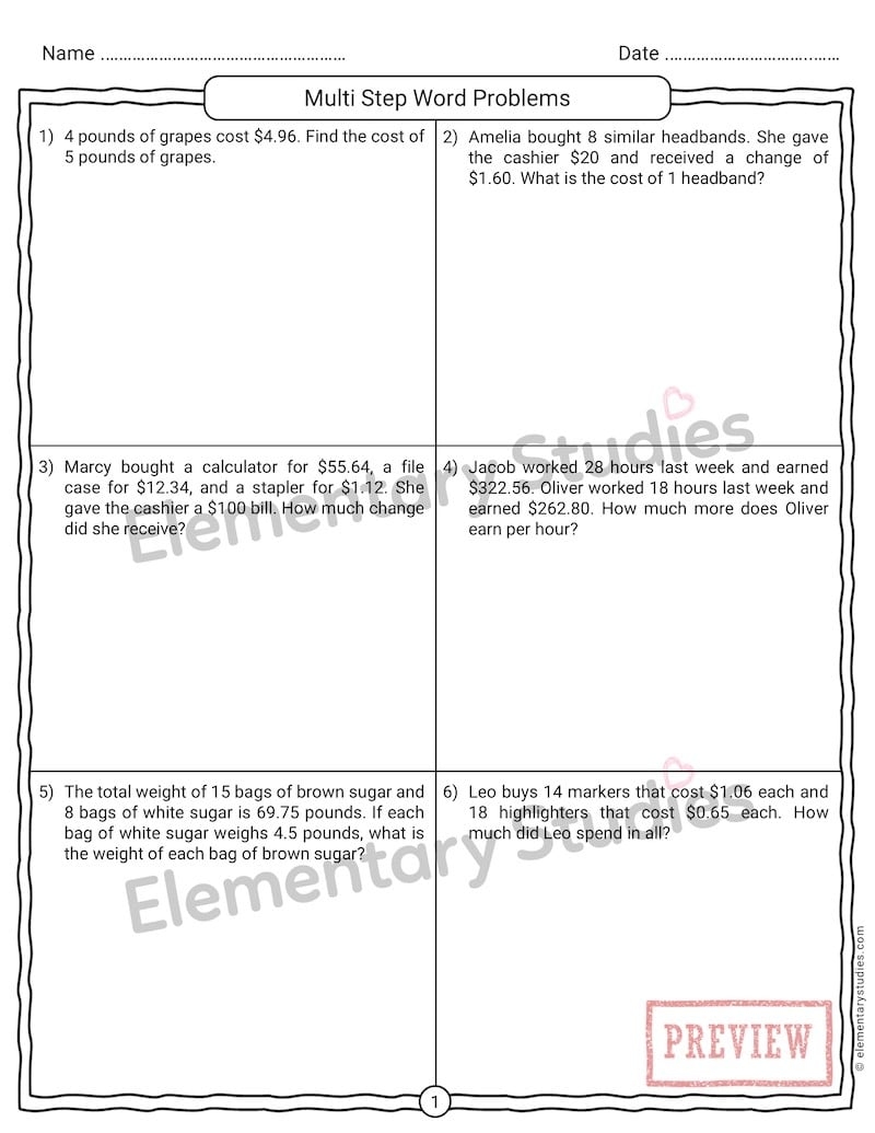 Decimal Word Problems All Operations Multi Step Elementary Studies