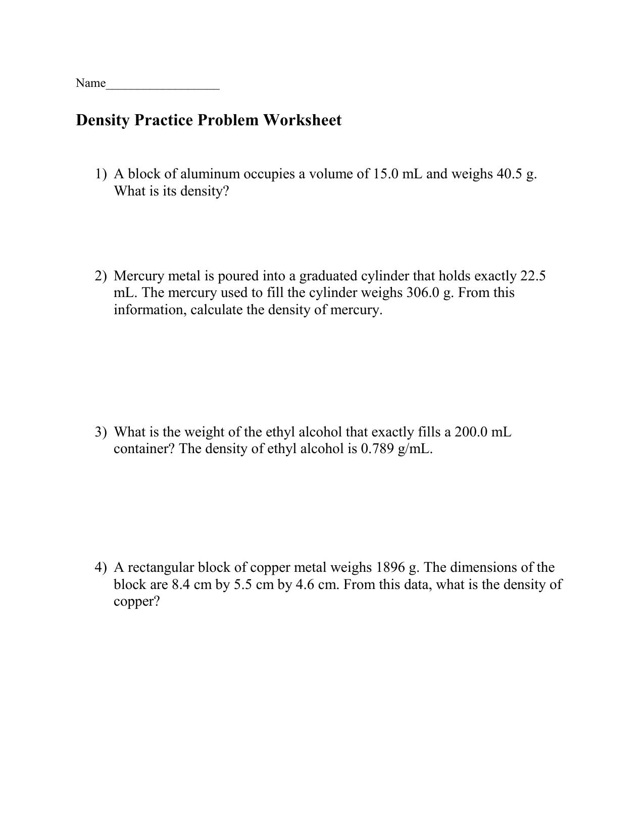 Density Practice Problems Worksheet Density Practice Problems Worksheet
