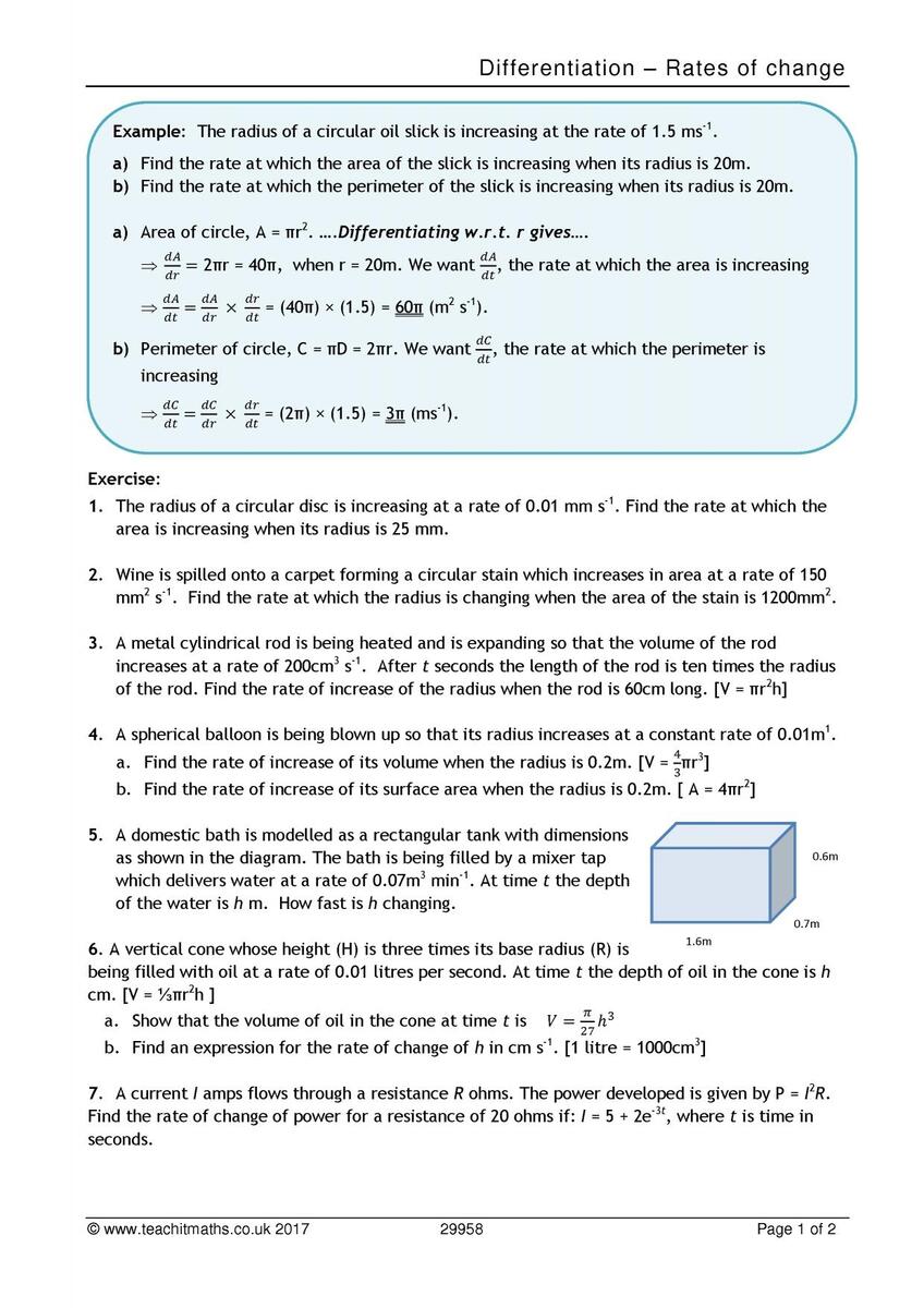 Differentiation Rates Of Change KS5 Maths Teachit Worksheets Library