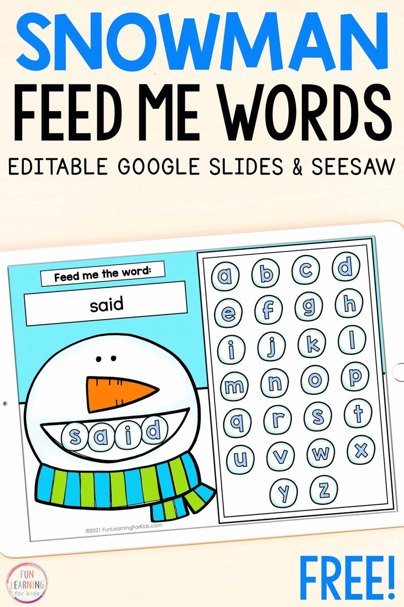 Digital Feed The Snowman Words Activity For Kindergarten