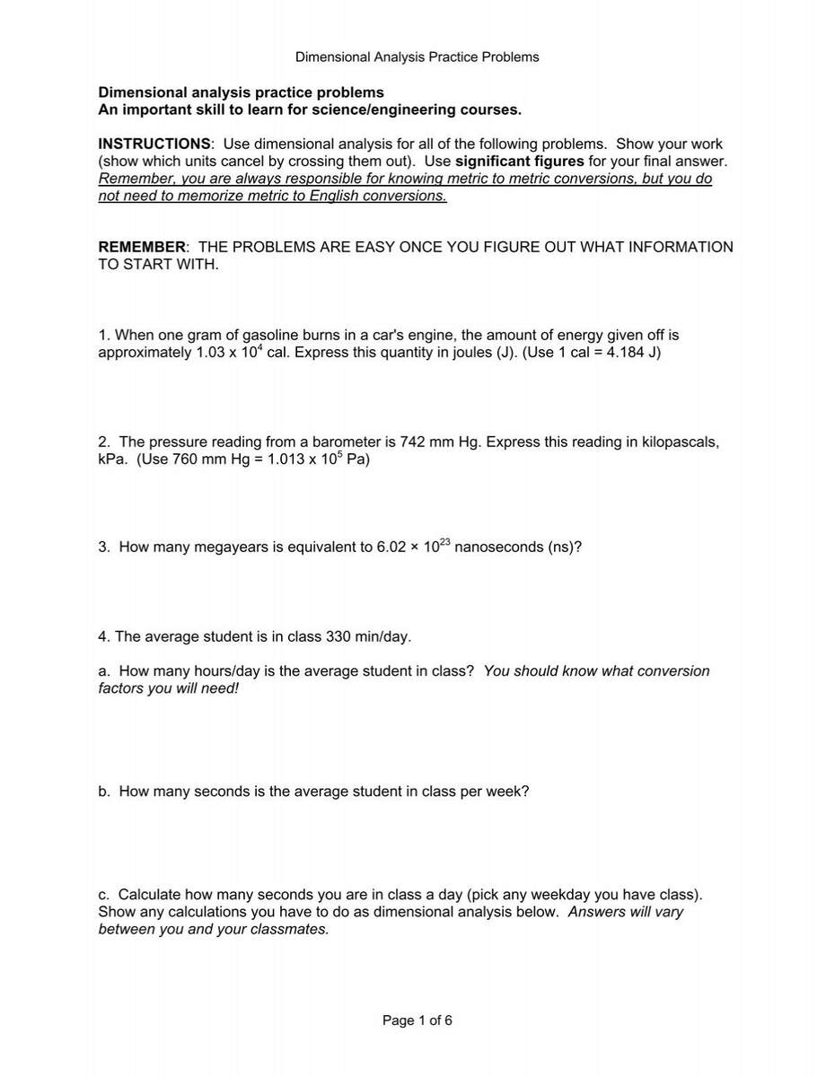Dimensional Analysis Worksheet 2