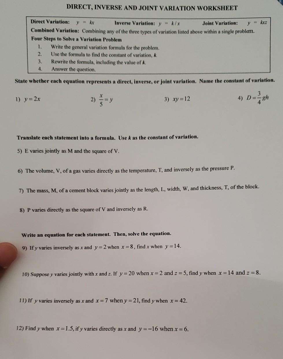 Direct And Inverse Variation Worksheet Practice Problems And Solutions