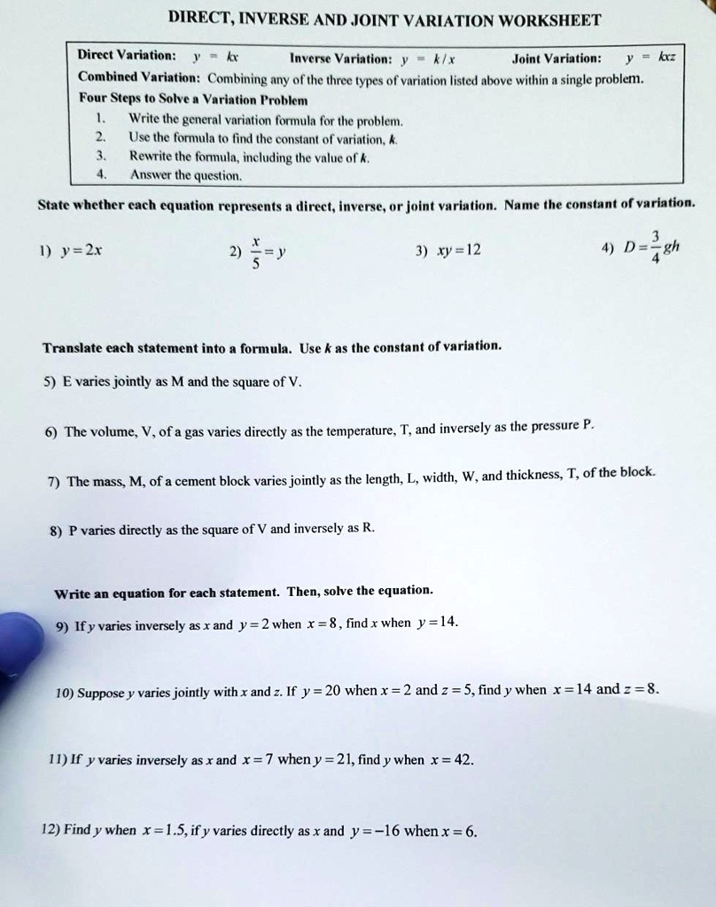 Direct Inverse And Joint Variation Worksheet Direct