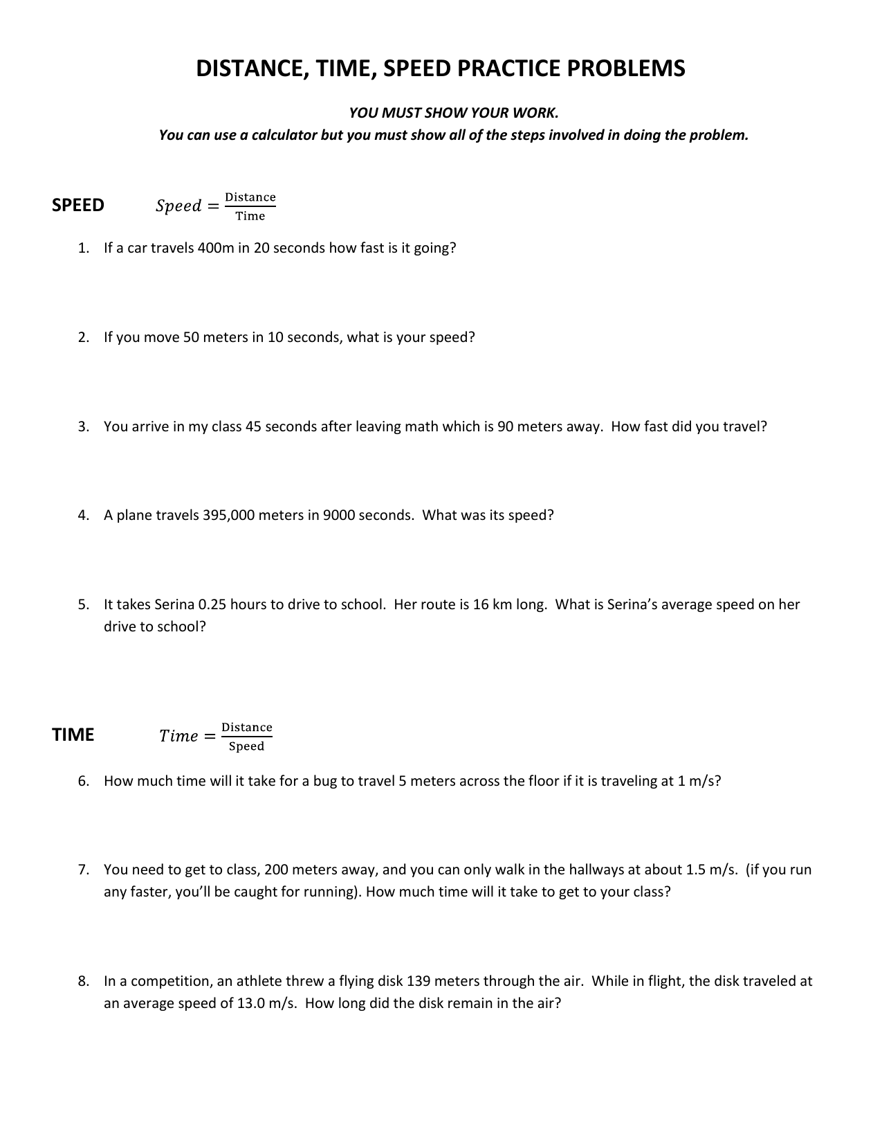 Distance Time Speed Practice Problems Worksheet