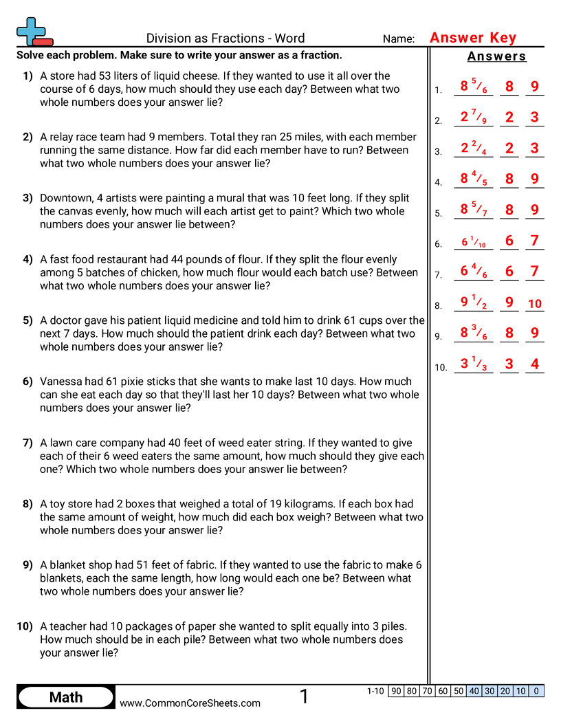 Division As Fractions Word Worksheet Download