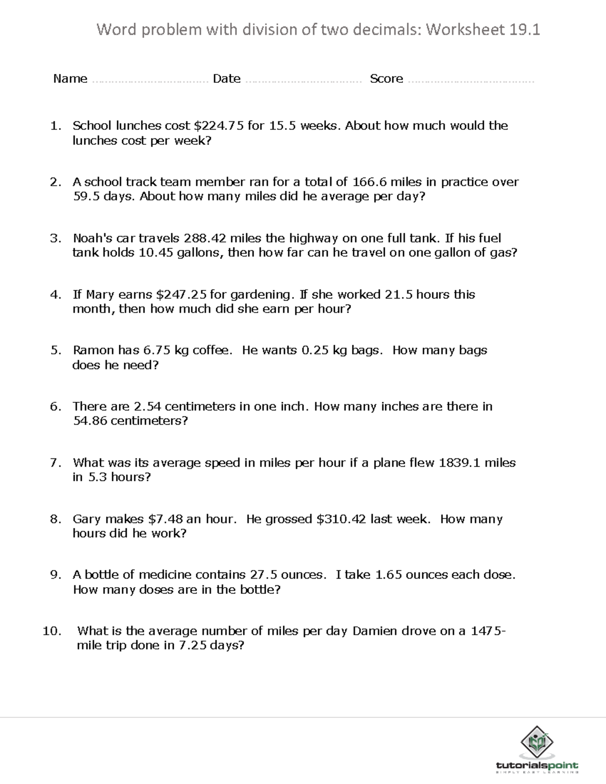 Division Of Two Decimals Word Problems Worksheet 19 Studocu