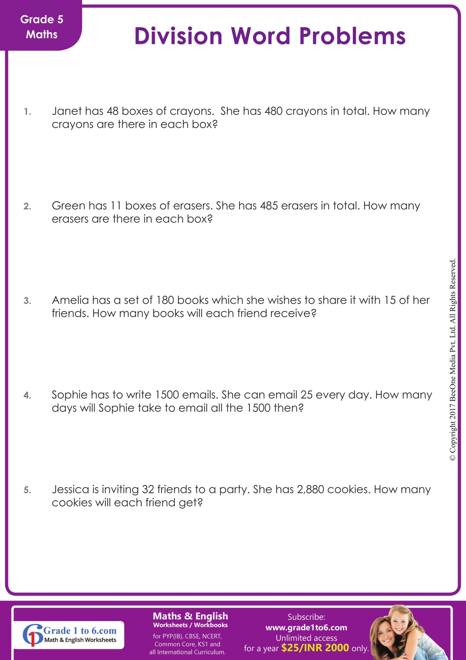 Division Word Problems Worksheets For Grade 5 Worksheets Library