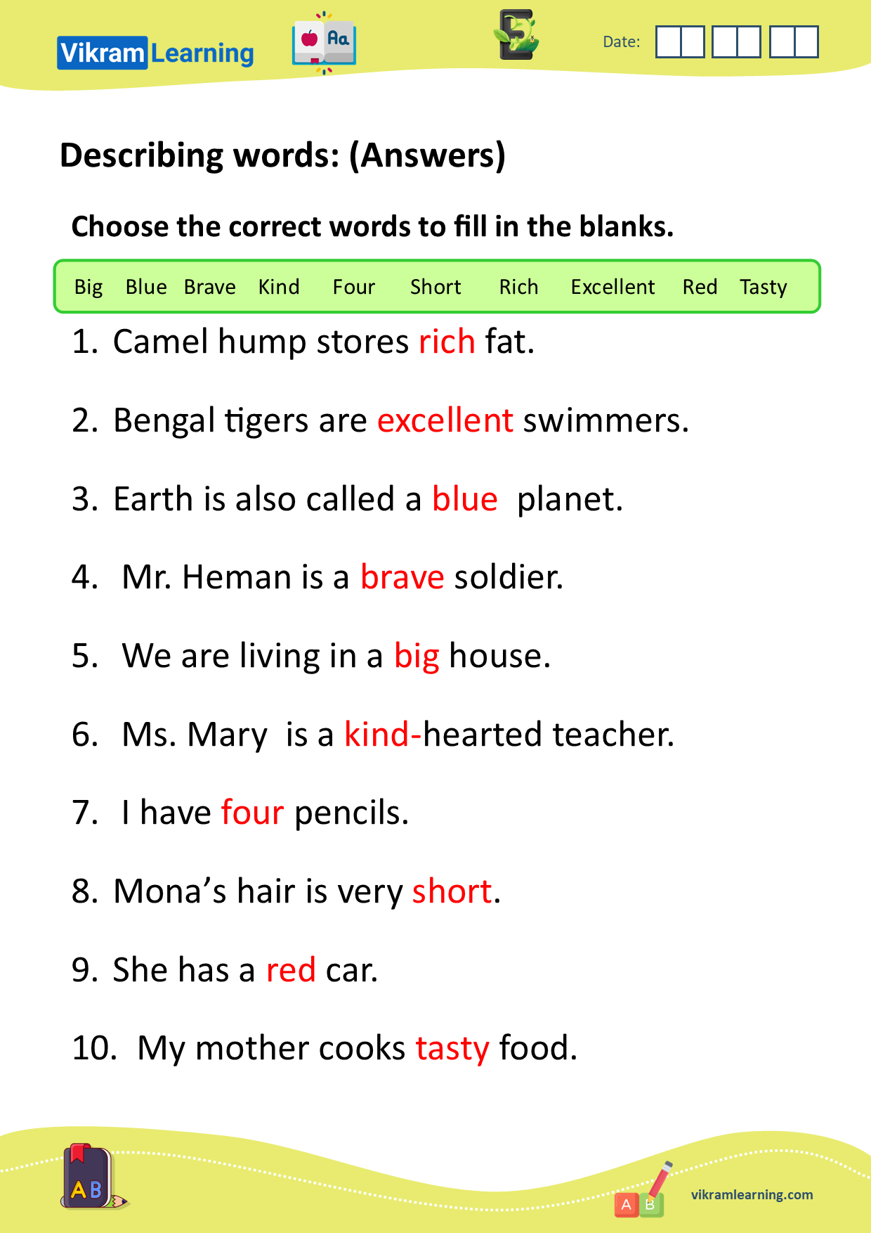 Download Describing Words Worksheets For Free Vikramlearning