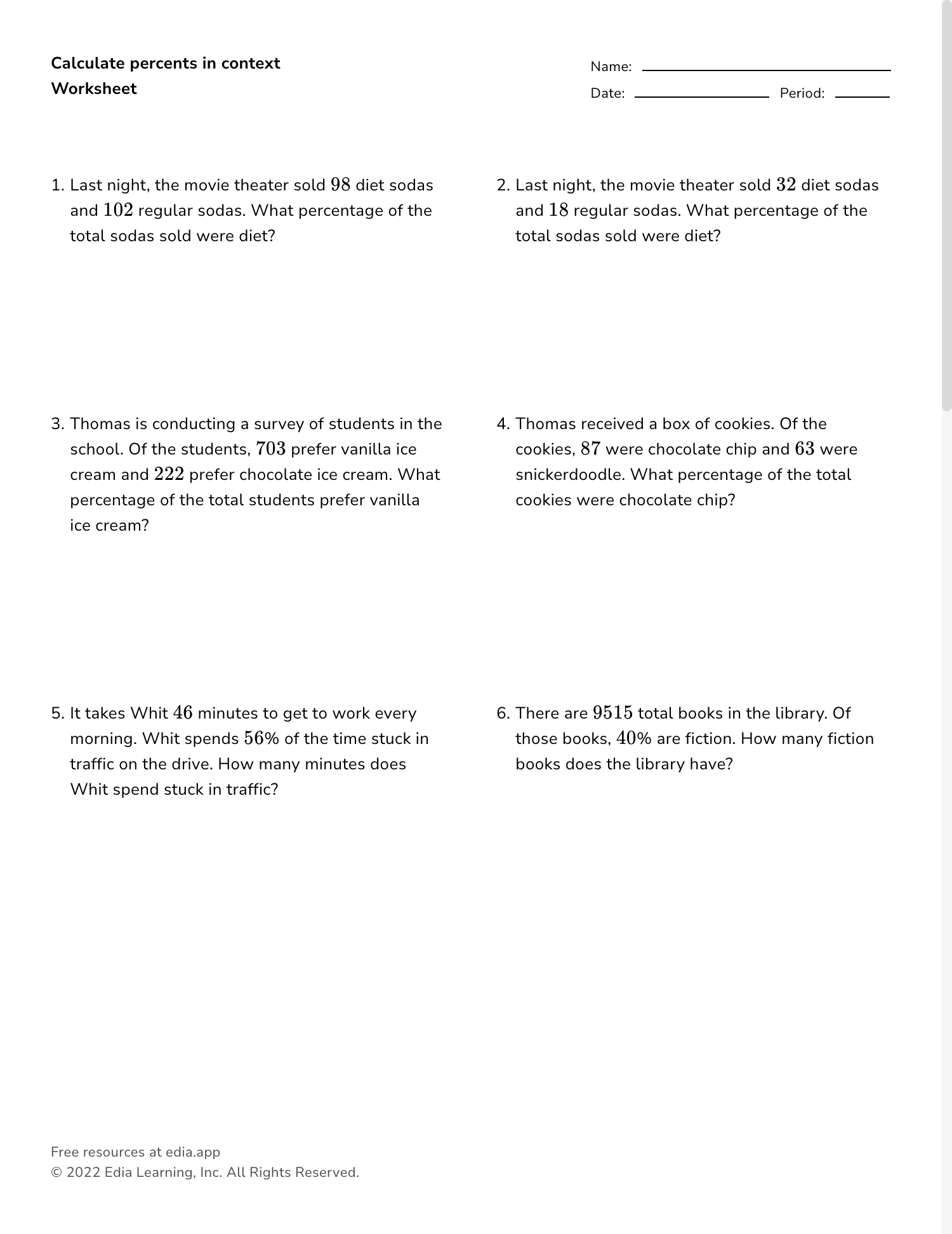 Edia AI Platform For Student Outcomes Percent Word Problems Worksheet PDF Printable Number Operations Worksheet Cazoom Math