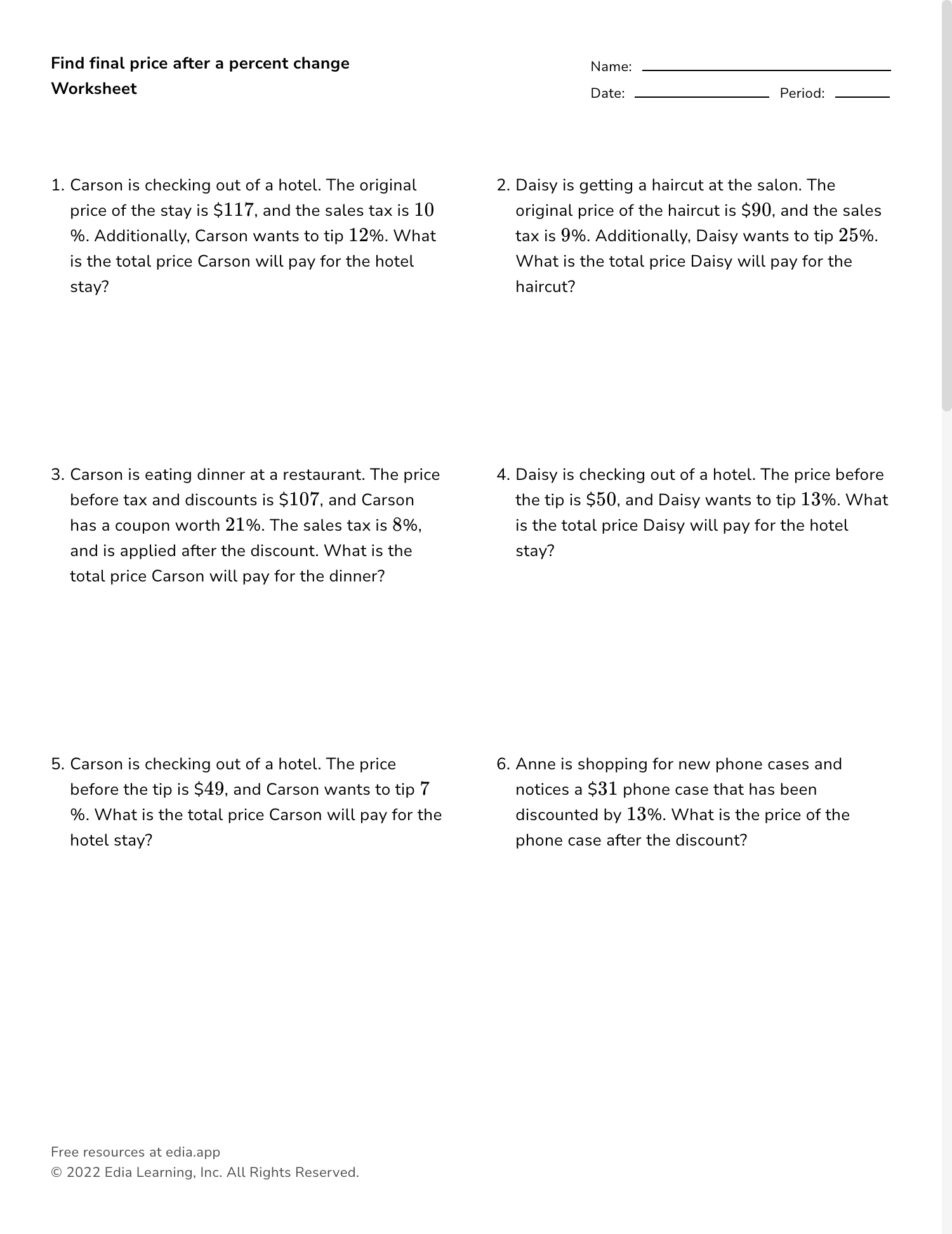 Percentage Increase And Decrease Worksheets
