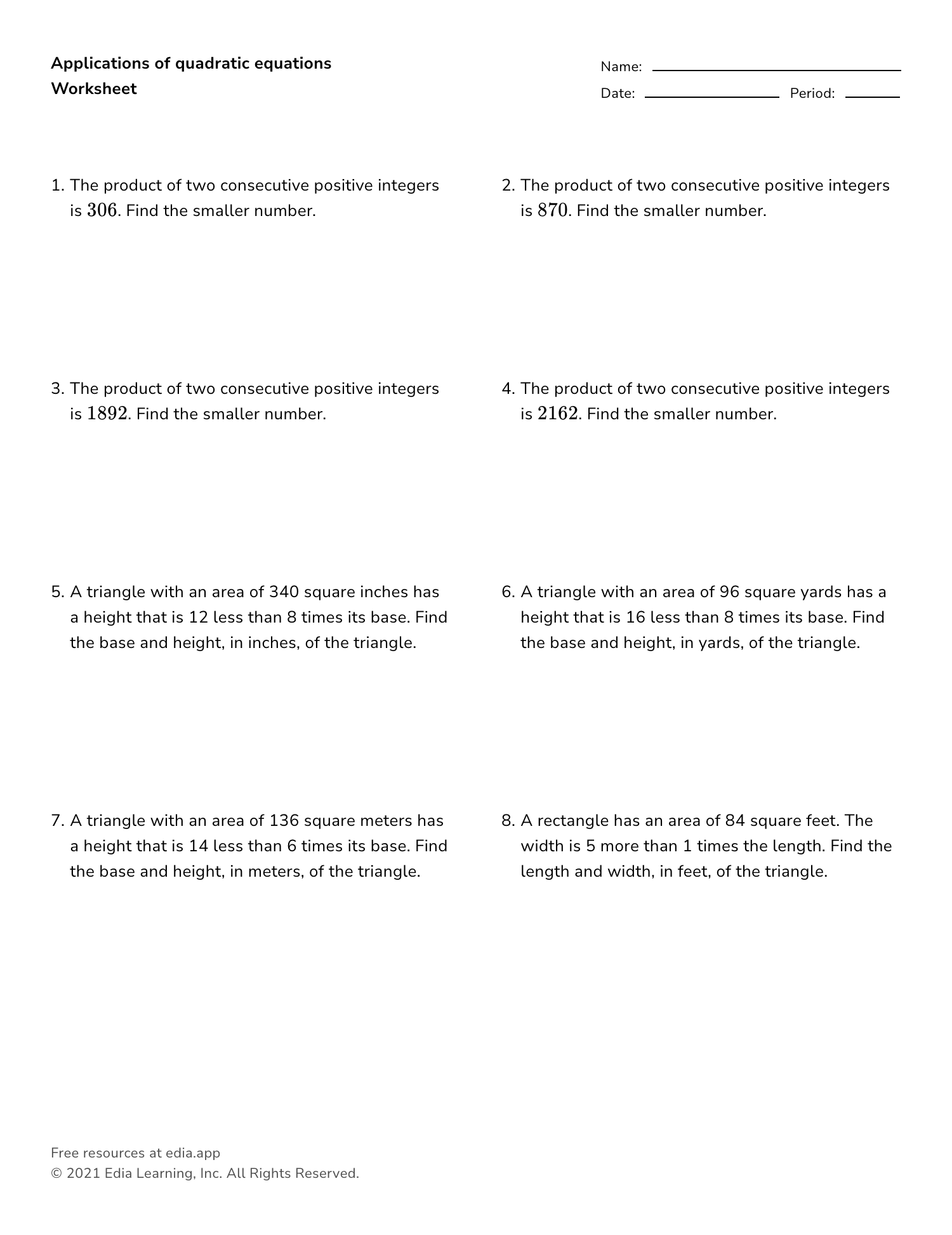 Quadratic Equation Word Problems Worksheet
