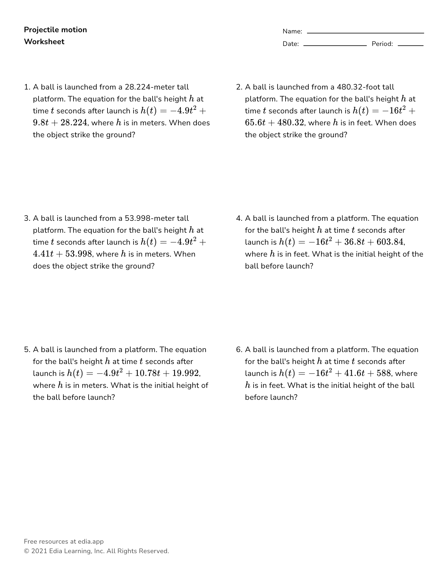Edia AI Platform For Student Outcomes Quadratic Problems Projectile Motion With Videos Worksheets Solutions Activities