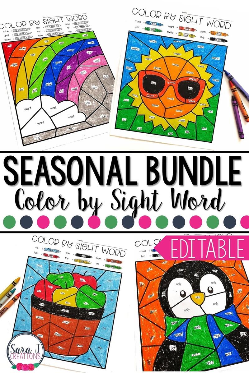 Editable Color By Sight Word For The Whole Year Sara J Creations Editable Color By Code Sight Word Practice Morning Work Worksheets Made By Teachers