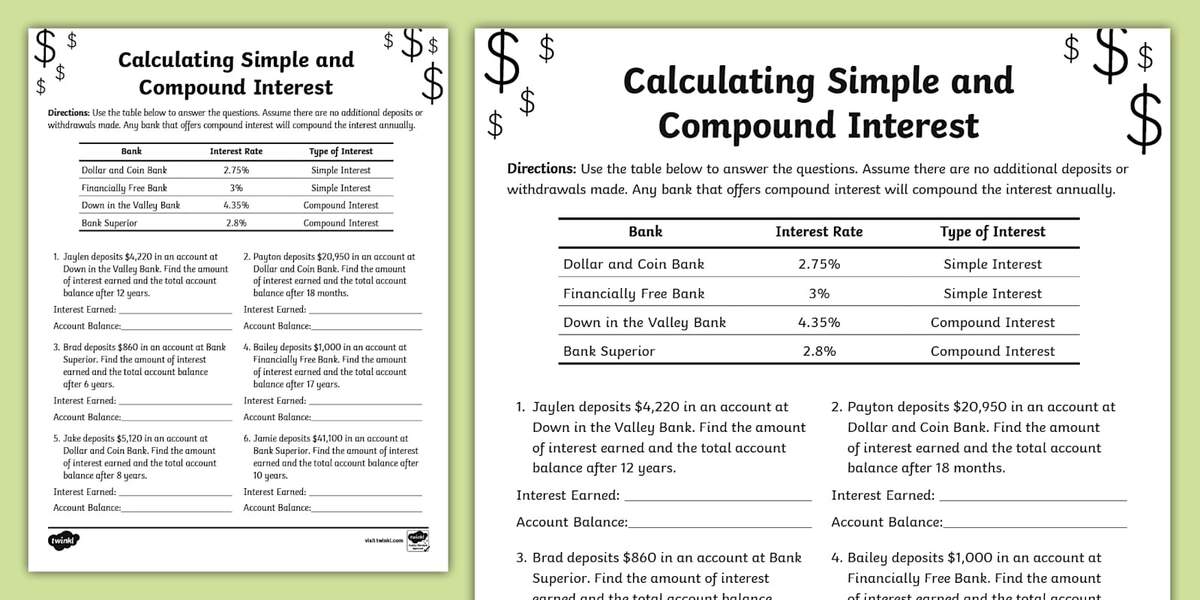 Eighth Grade Calculating Simple And Compound Interest Word Problems Eighth Grade Calculating Simple And Compound Interest Word Problems