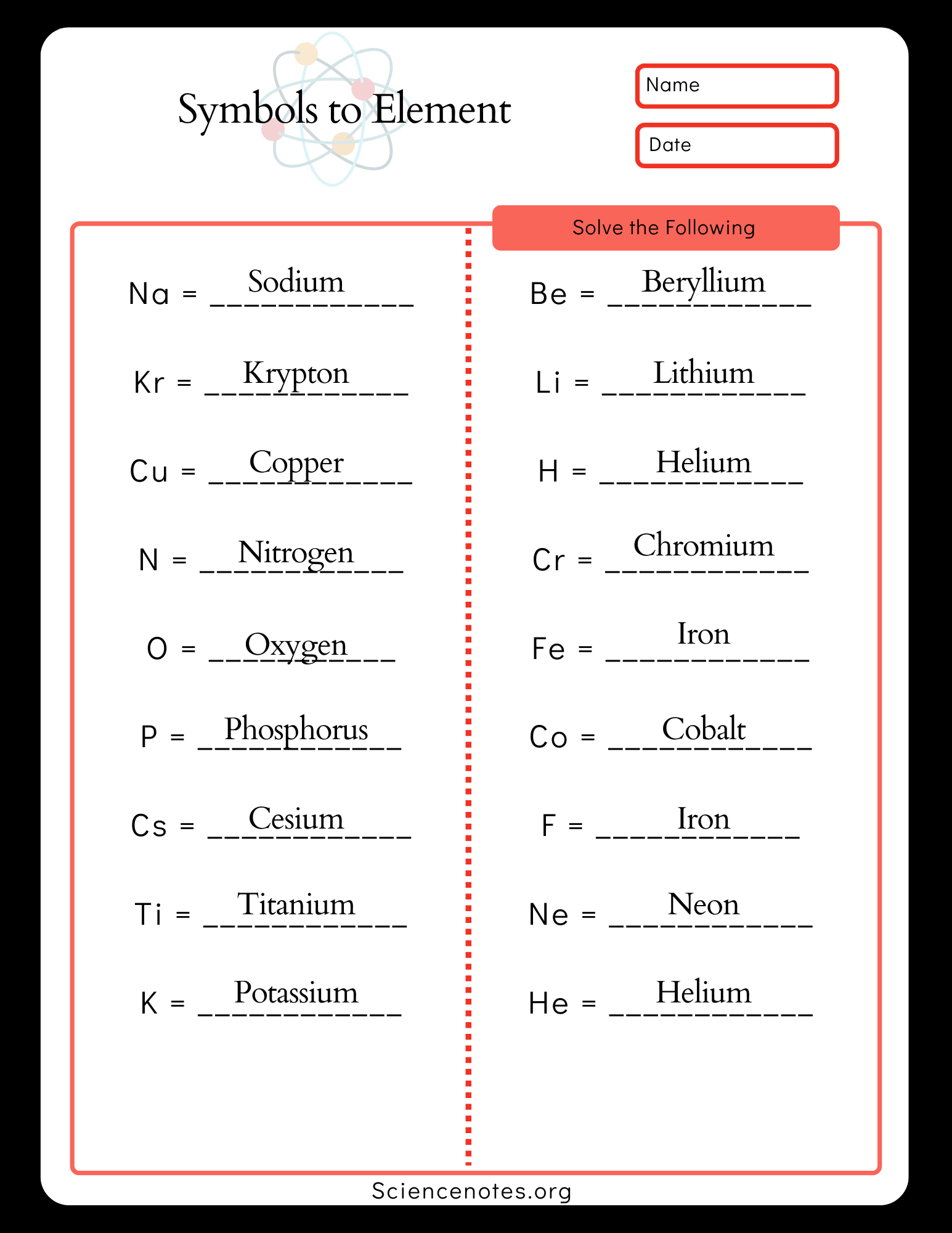 Chemical Names And Symbols Worksheet WordMint
