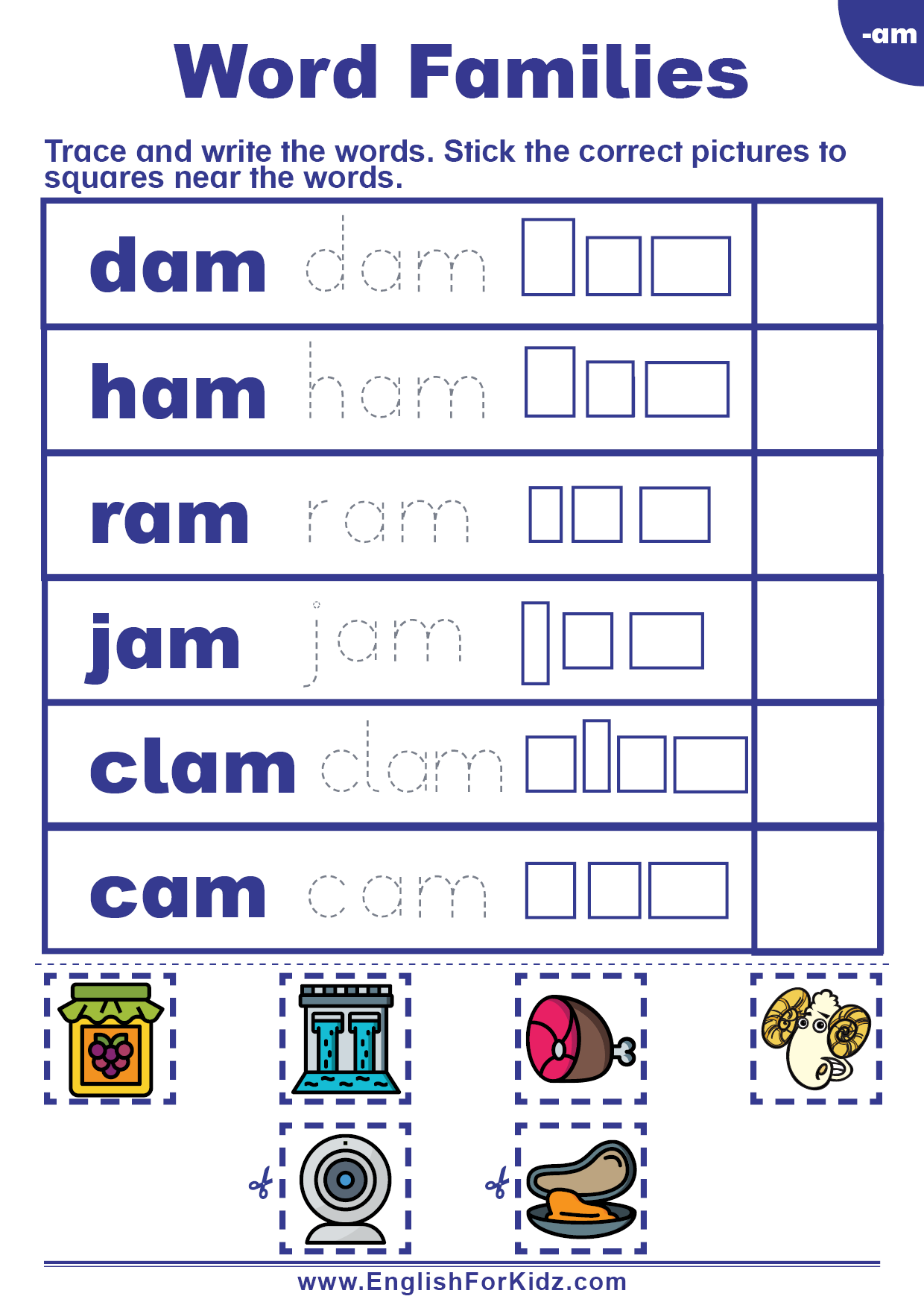 English For Kids Step By Step Word Families Worksheets Am Words Free PDF