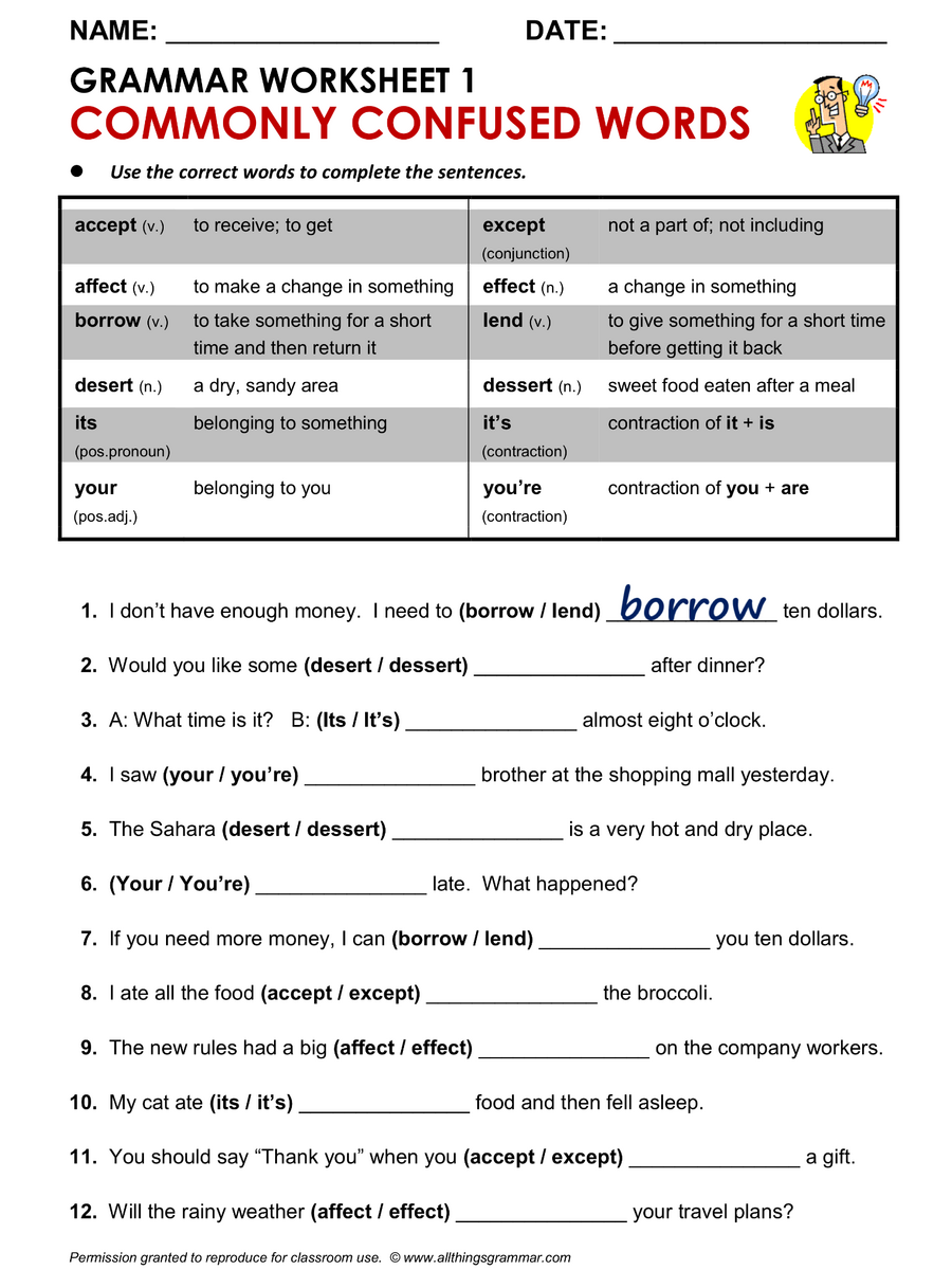 English Grammar Worksheet Commonly Confused Words English Grammar Worksheet Commonly Confused Words