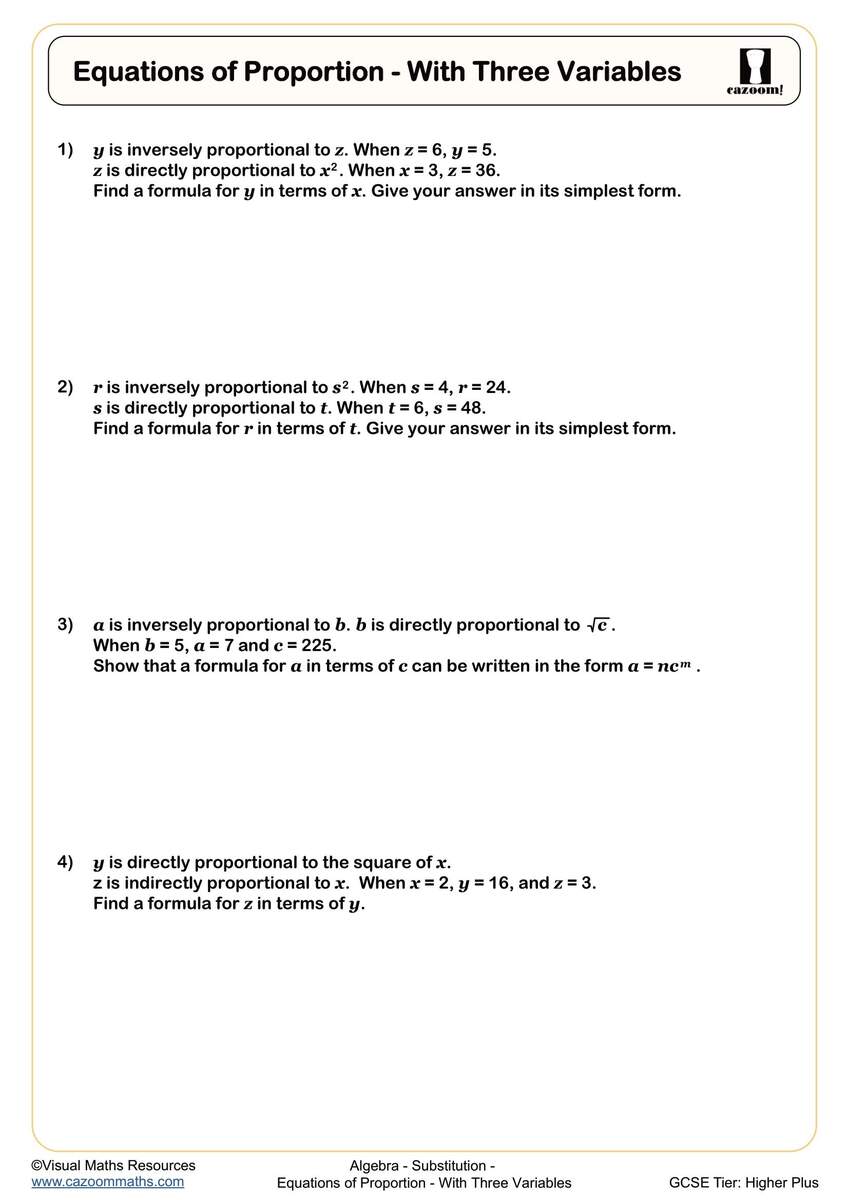 Equations Of Proportion With Three Variables Worksheet Printable PDF Year 10 And 11 Worksheet Equations Of Proportion With Three Variables Worksheet Printable PDF Year 10 And 11 Worksheet
