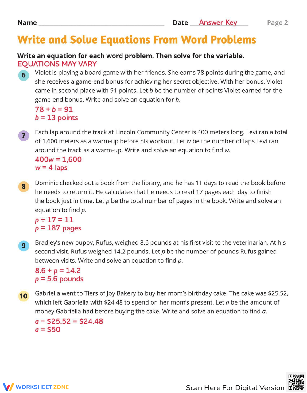 Equations Word Problems Practice Worksheet