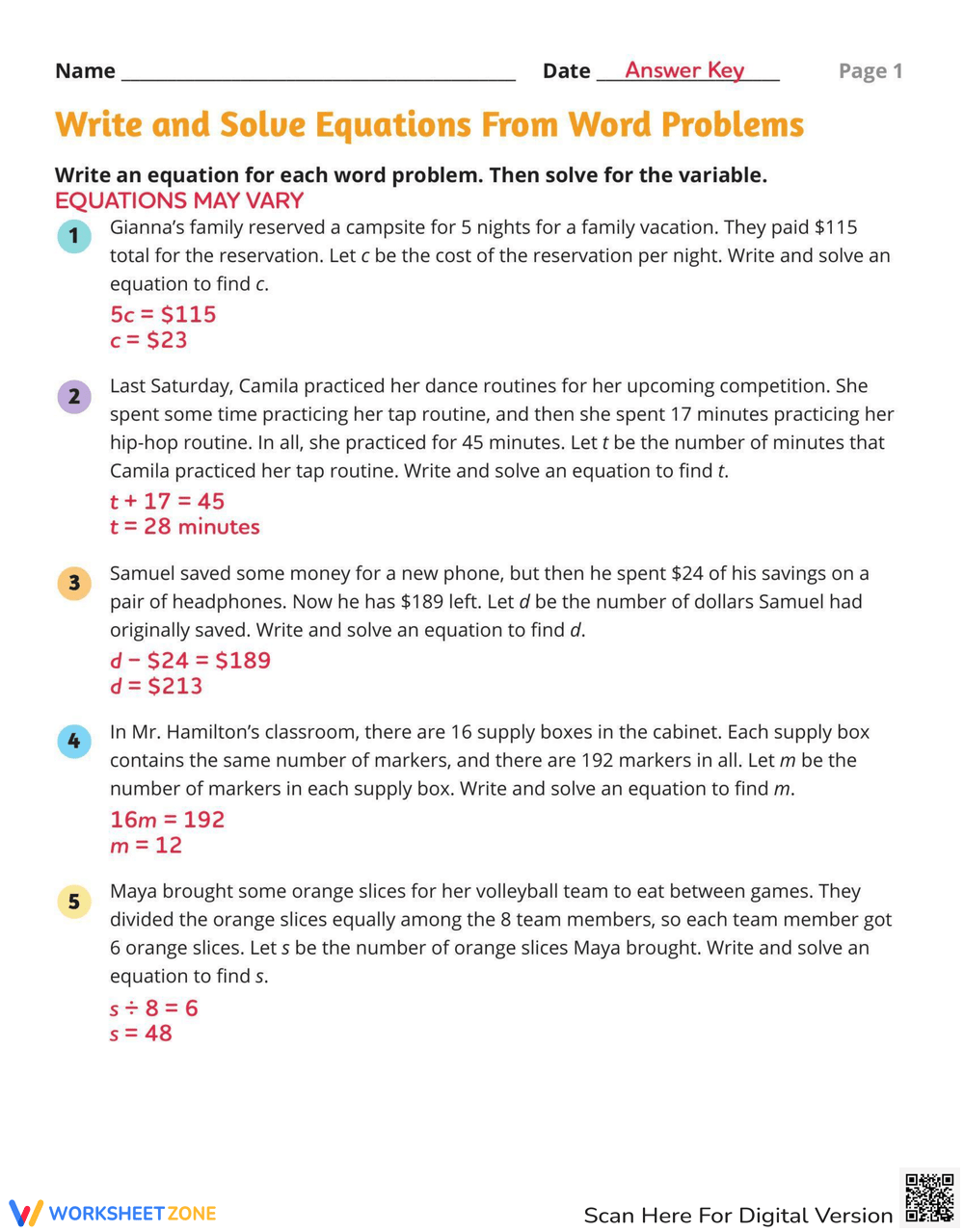Equations Word Problems Practice Worksheet