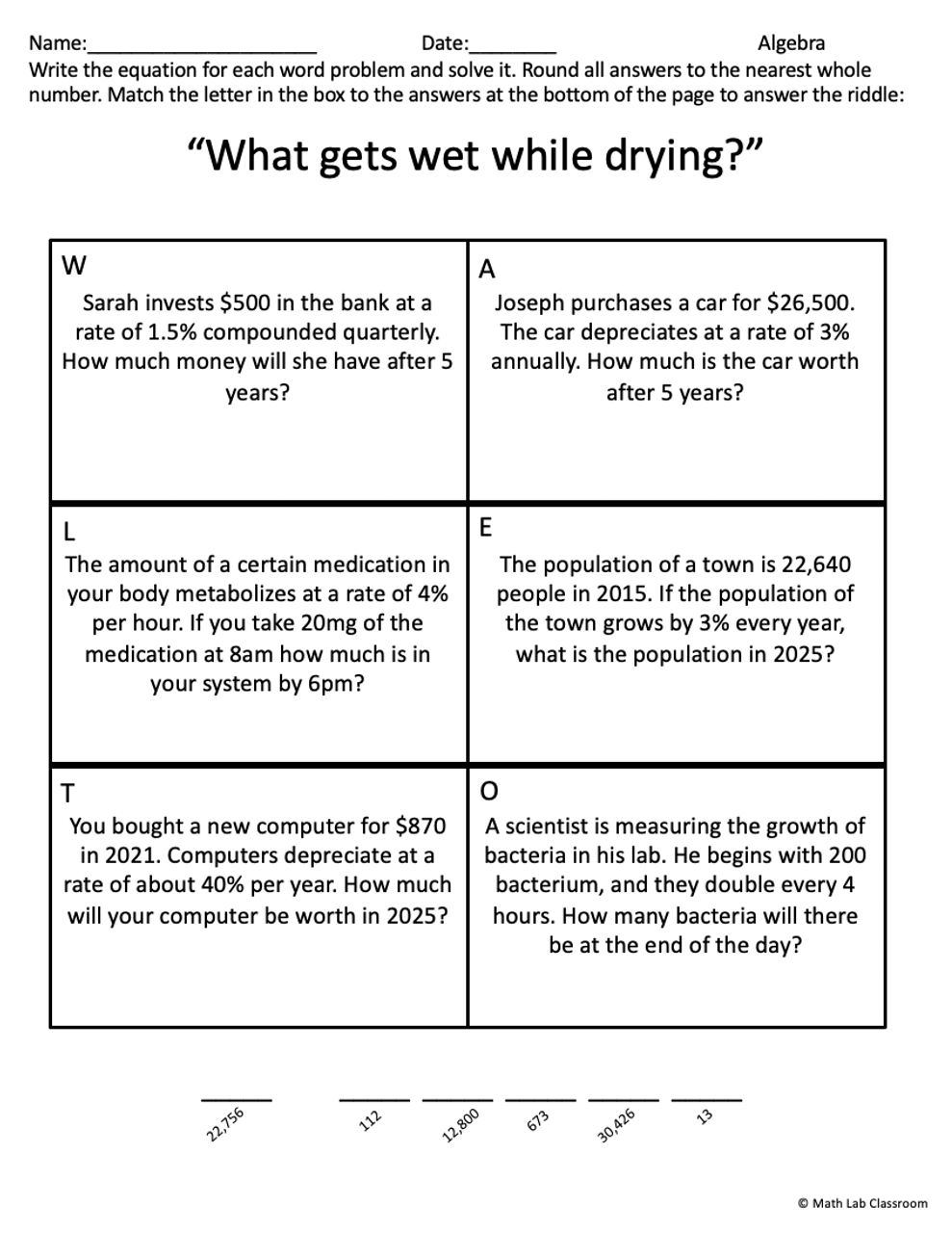 Exponential Growth And Decay Word Problems Riddle Worksheets Library