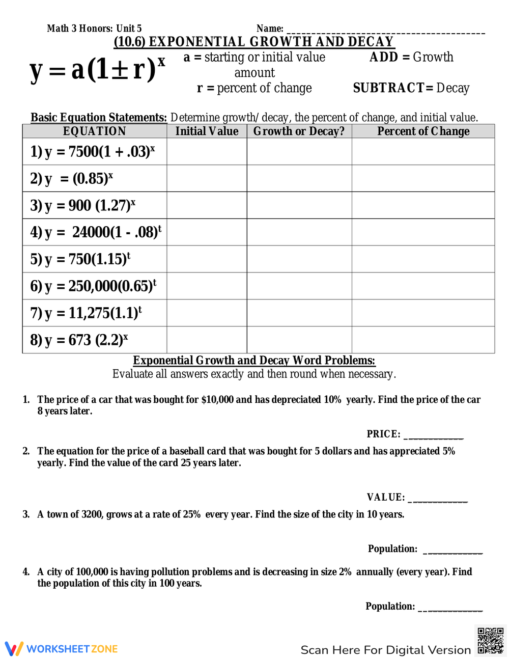 Exponential Growth And Decay Worksheets Exponential Growth And Decay Problems Math 101 Studocu