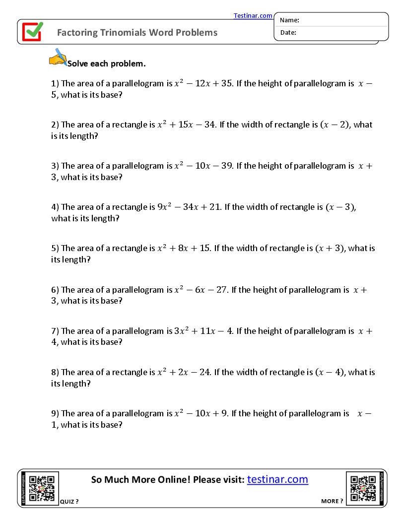 Factoring Trinomials Worksheets