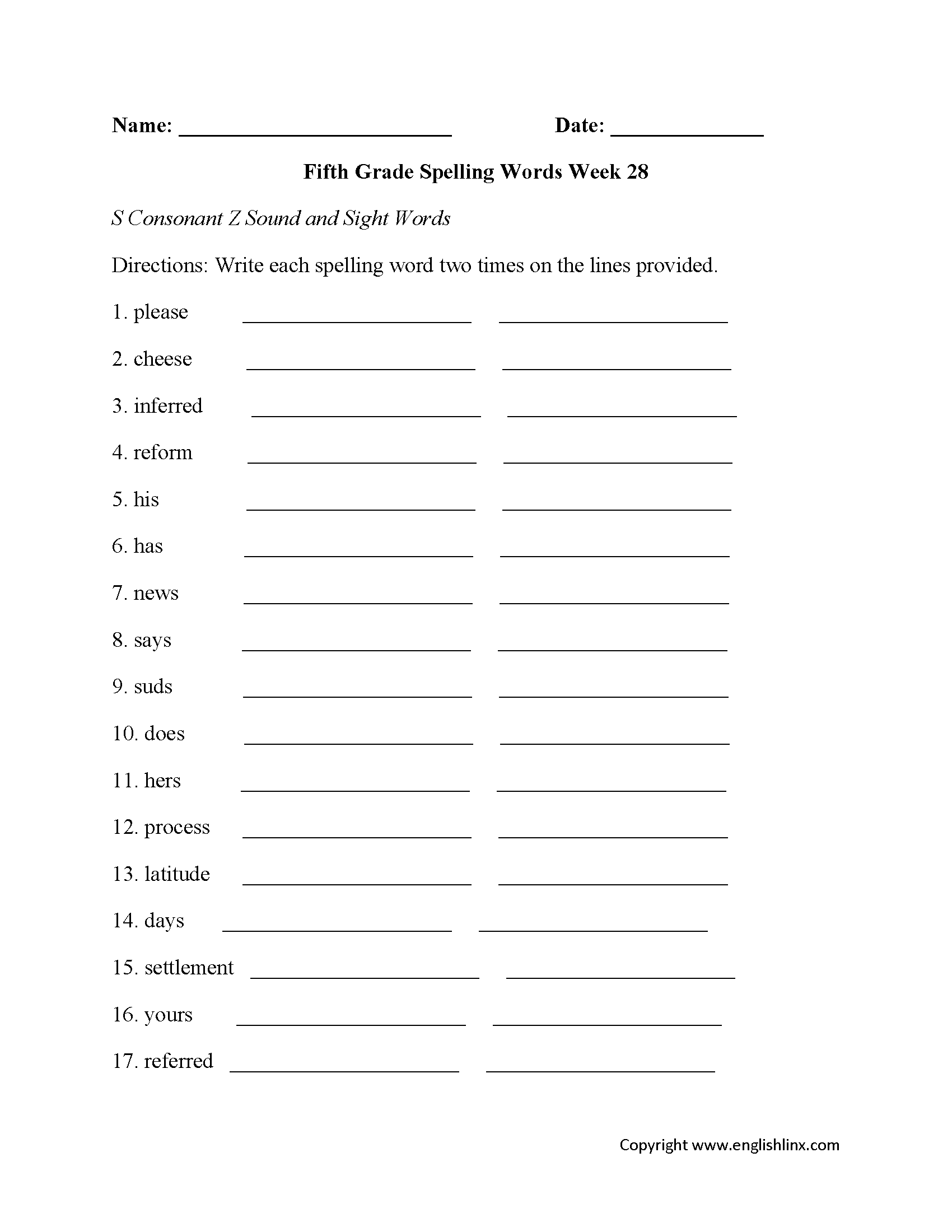 Class 5 Spelling Words Worksheet PDF Practice Answers
