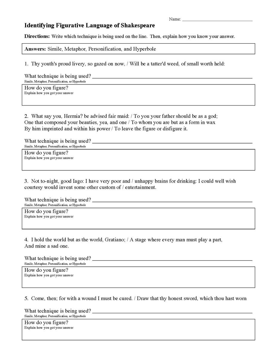 Figurative Language Of Shakespeare Reading Activity