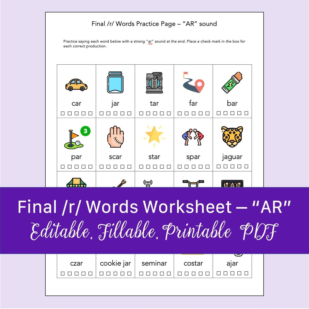 Final R Words Ar Sound Worksheet For Speech Therapy Fillable PDF Etsy AR Word Family Worksheets Kindergarten Mom