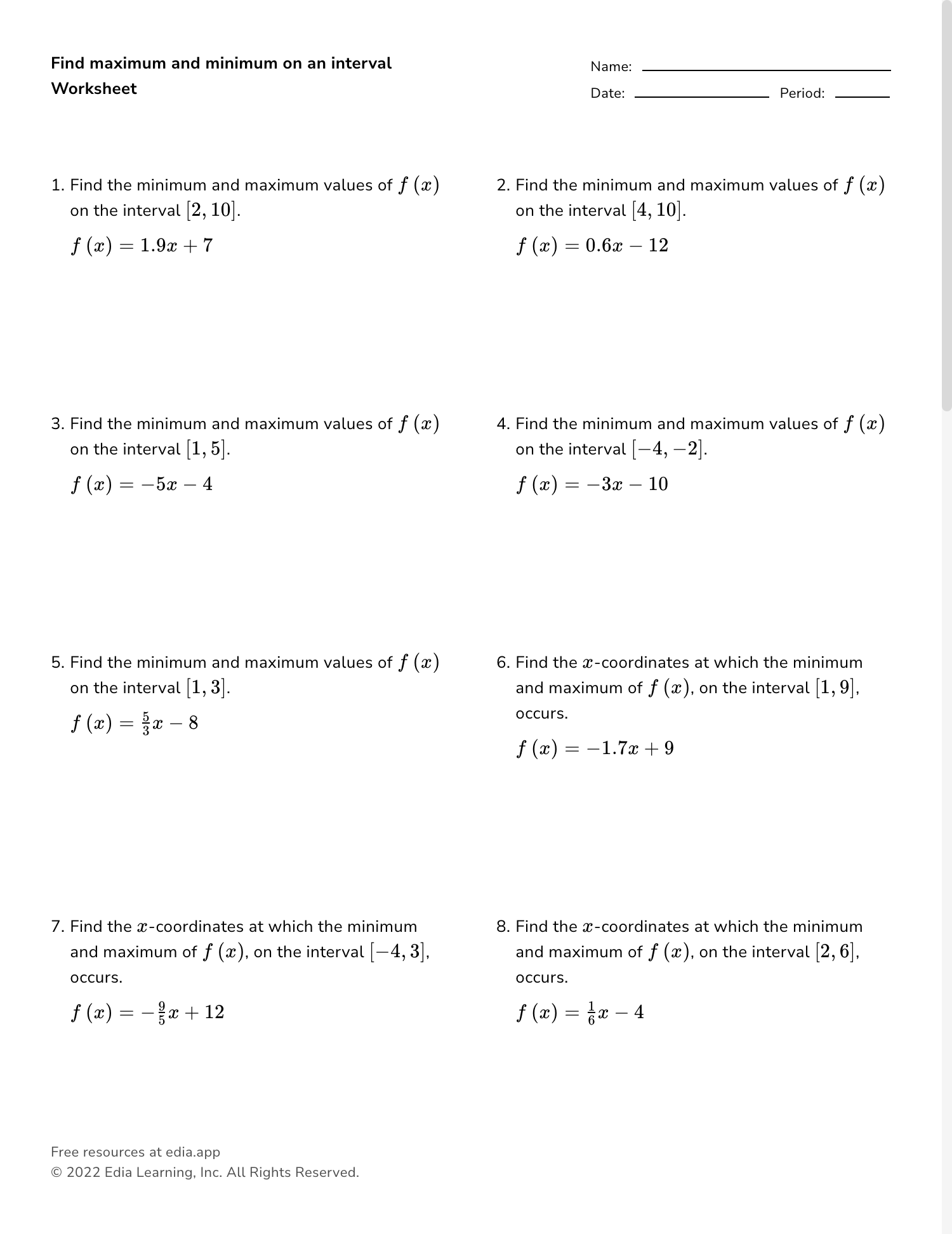 Find Maximum And Minimum On An Interval Worksheet Find Maximum And Minimum On An Interval Worksheet