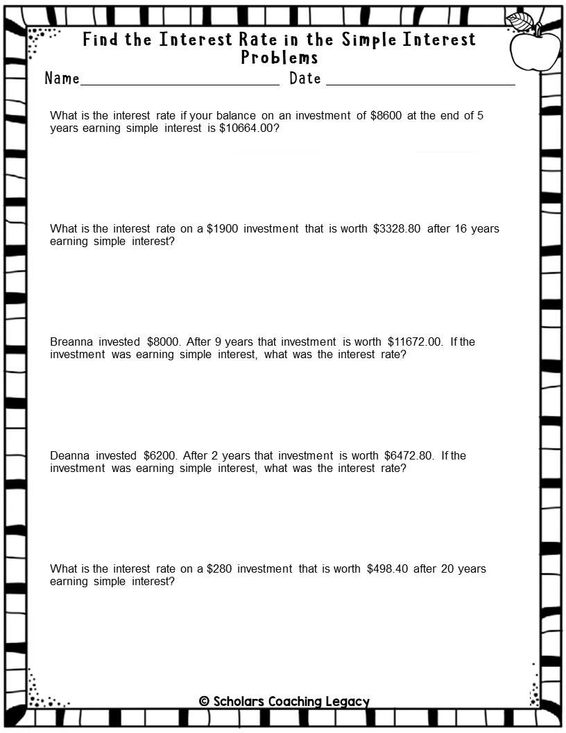 FIND THE INTEREST RATE IN THE SIMPLE INTEREST RATE PROBLEMS Math Worksheets Made By Teachers FIND THE INTEREST RATE IN THE SIMPLE INTEREST RATE PROBLEMS Math Worksheets Made By Teachers