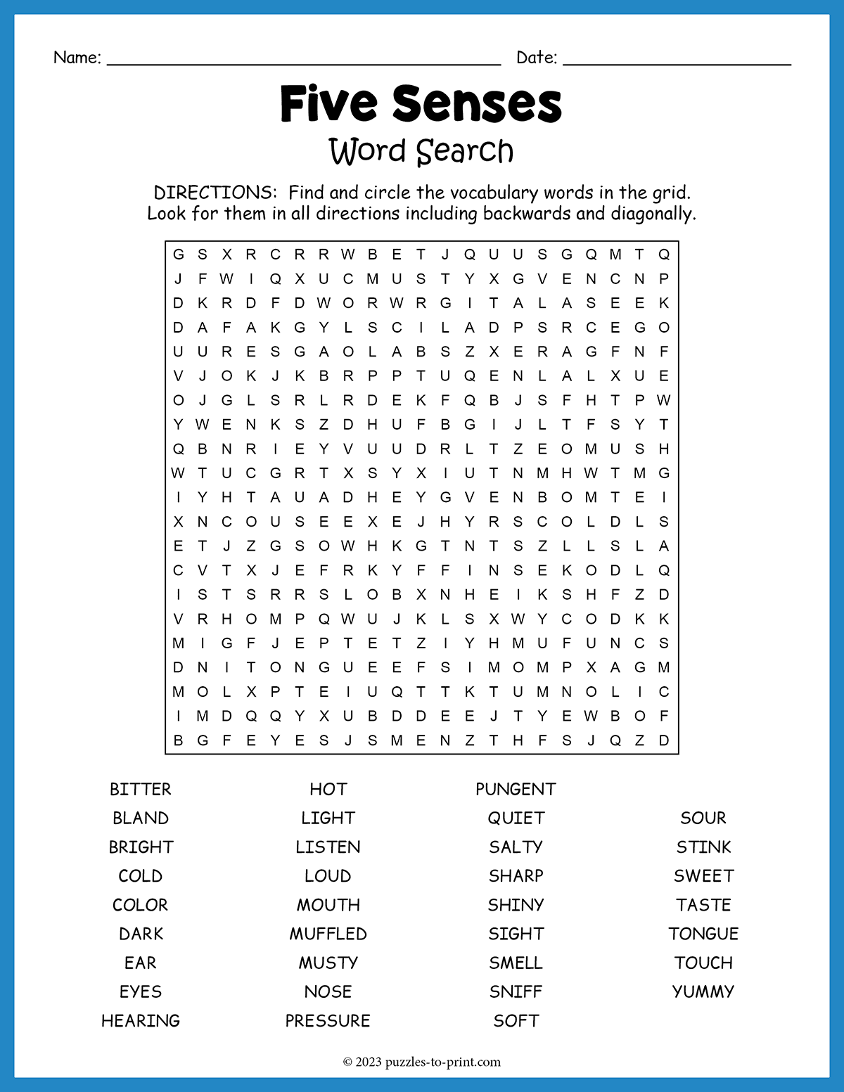 Five Senses Word Search Five Senses Word Search