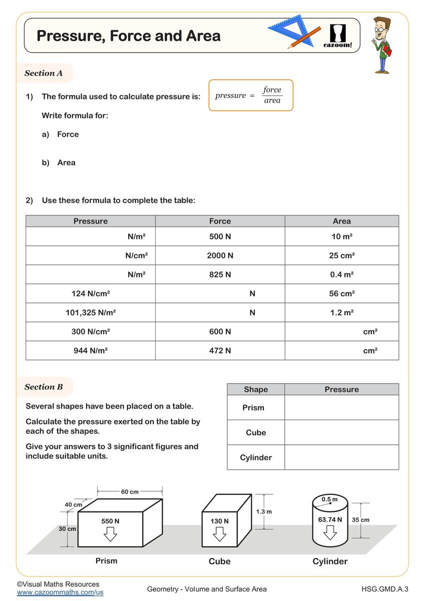 Force Area Pressure Formula FREE Teaching Resources Cazoom Math