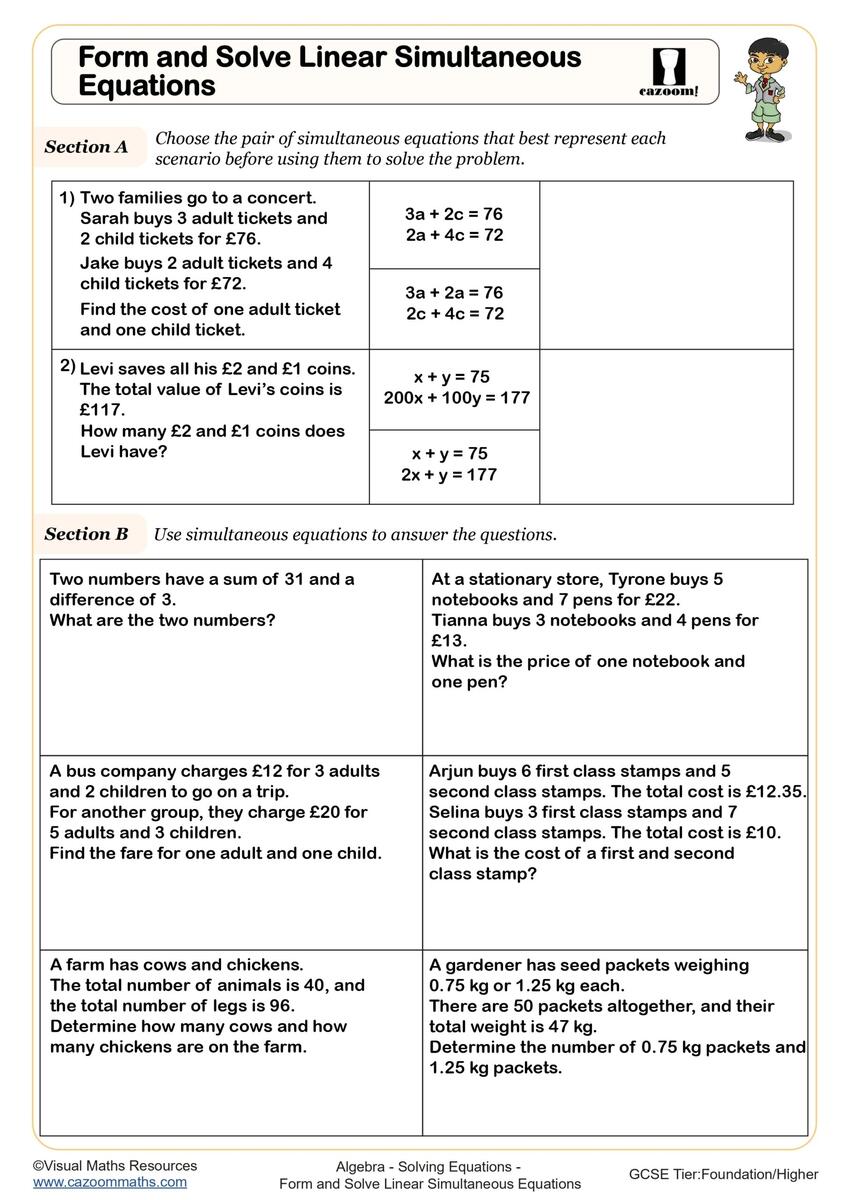Form And Solve Linear Simultaneous Equations Worksheet Fun And Engaging Year 10 And Year 11 Algebra Worksheet