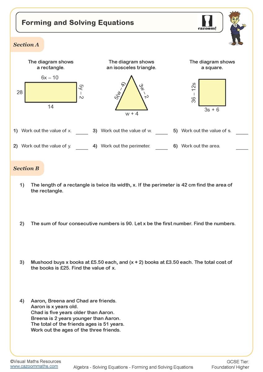Forming And Solving Equations Worksheet Cazoom Maths Worksheets