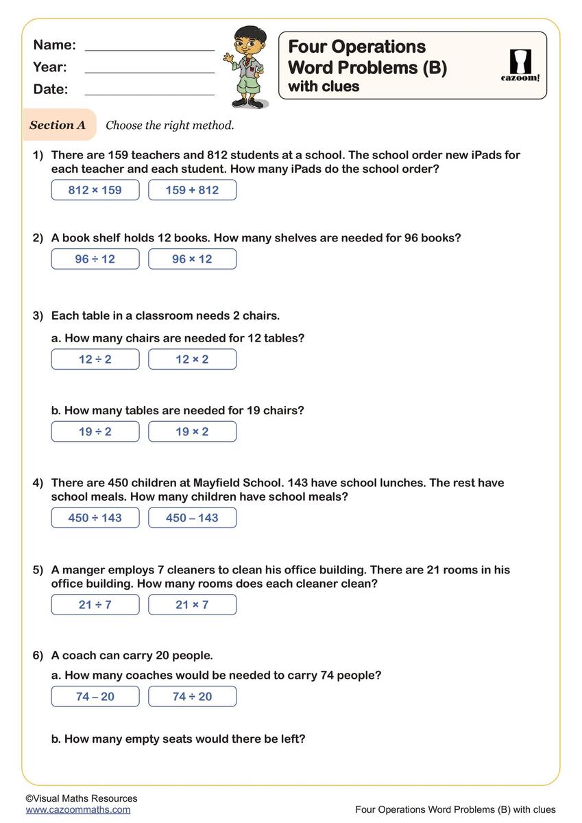 Four Operation Word Problems B With Clues Worksheet Fun And Engaging Year 6 Number Worksheet