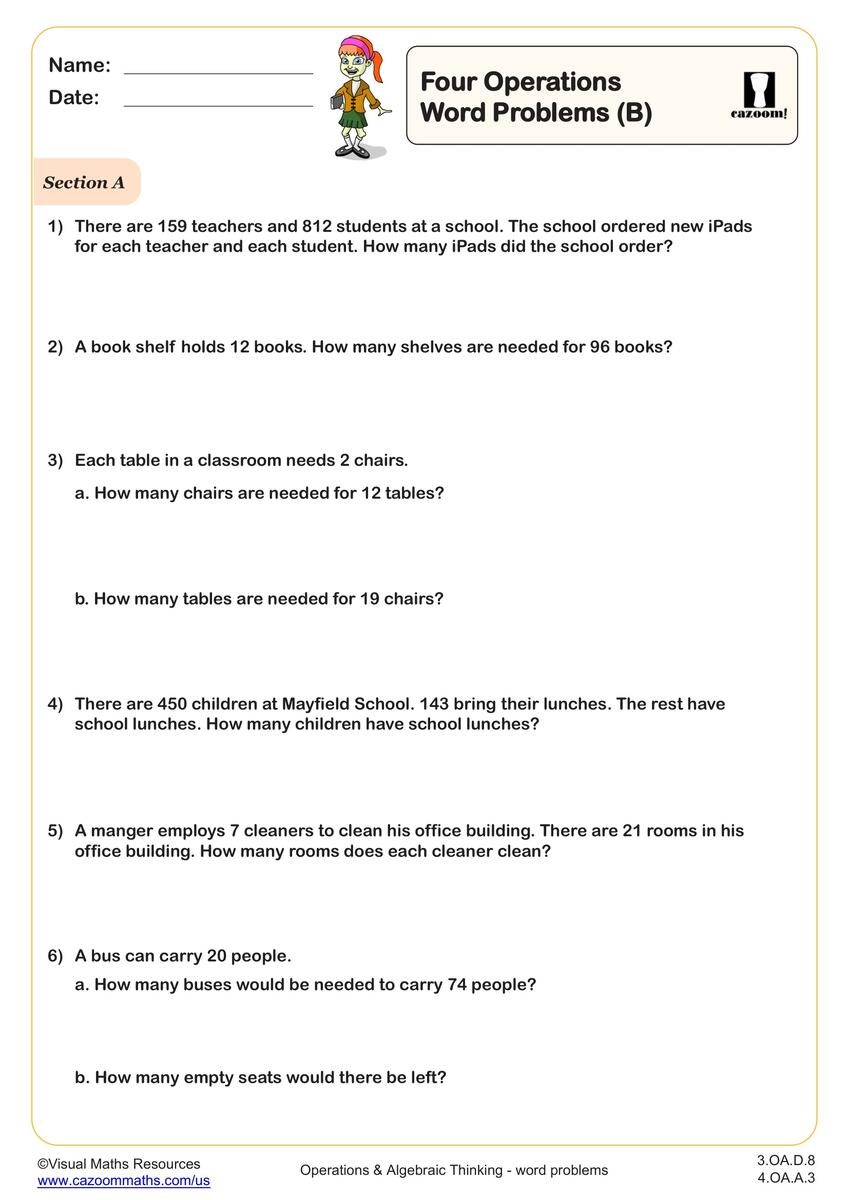 Four Operation Word Problems B Worksheet Fun And Engaging 3rd Grade And 4th Grade Operations Algebraic Thinking Worksheet Cazoom Math