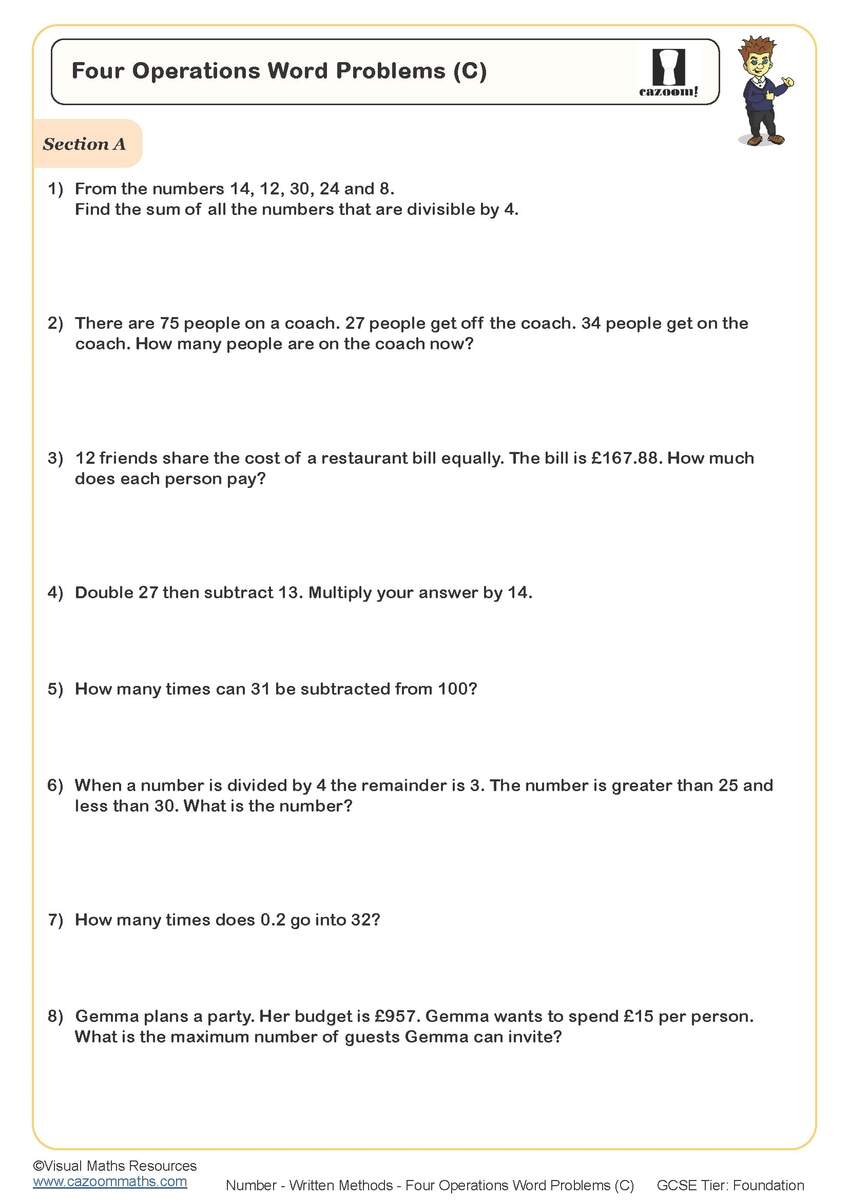 Four Operations Word Problems A With Clues Worksheet Fun And Engaging PDF Worksheets