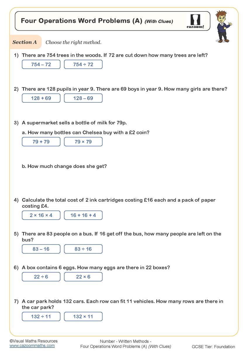 Four Operations Word Problems A With Clues Worksheet Fun And Engaging PDF Worksheets