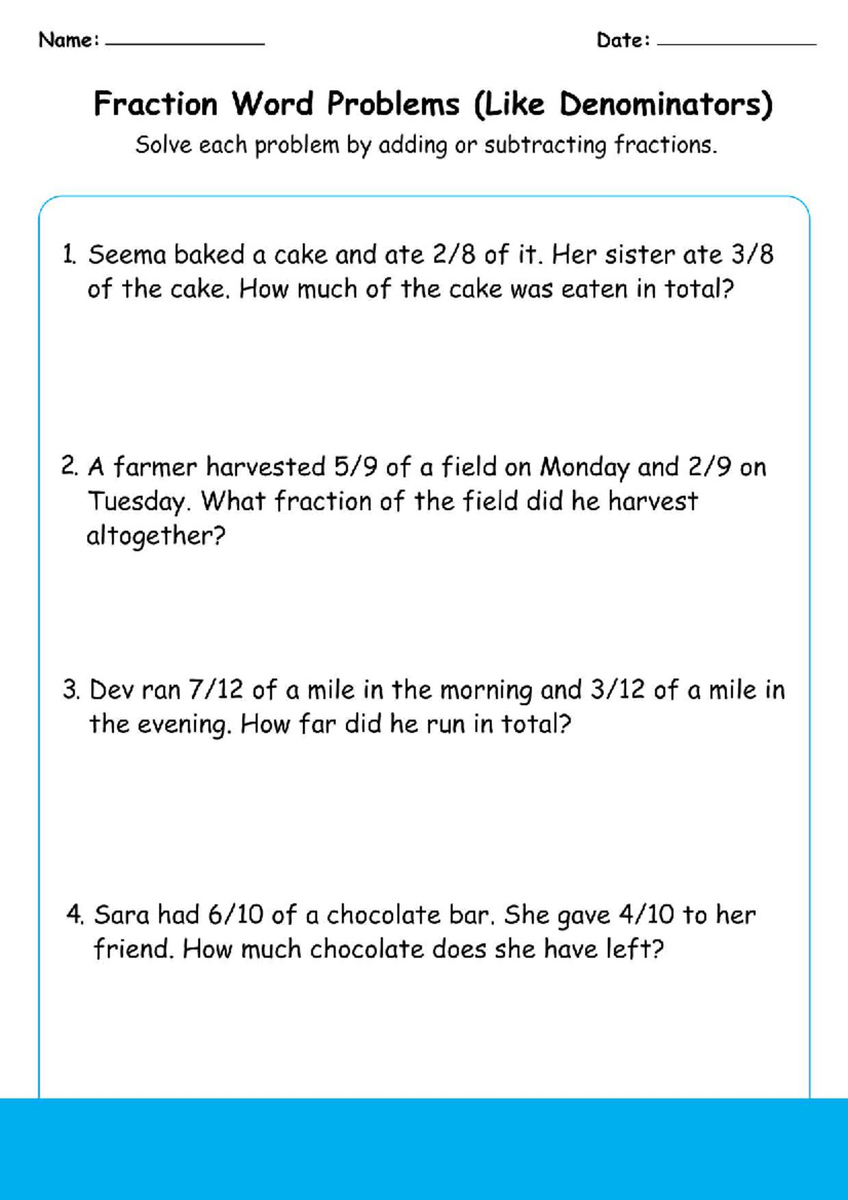 Fraction Word Problems With Like Denominators 4th Grade Worksheet Studocu Fraction Word Problems With Like Denominators 4th Grade Worksheet Studocu
