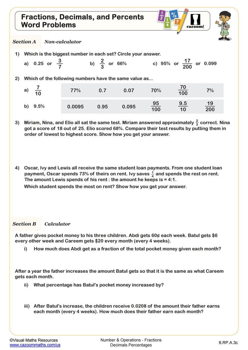 Fractions Decimals And Percents Word Problems Worksheet PDF Printable Number Operations Worksheet Cazoom Math