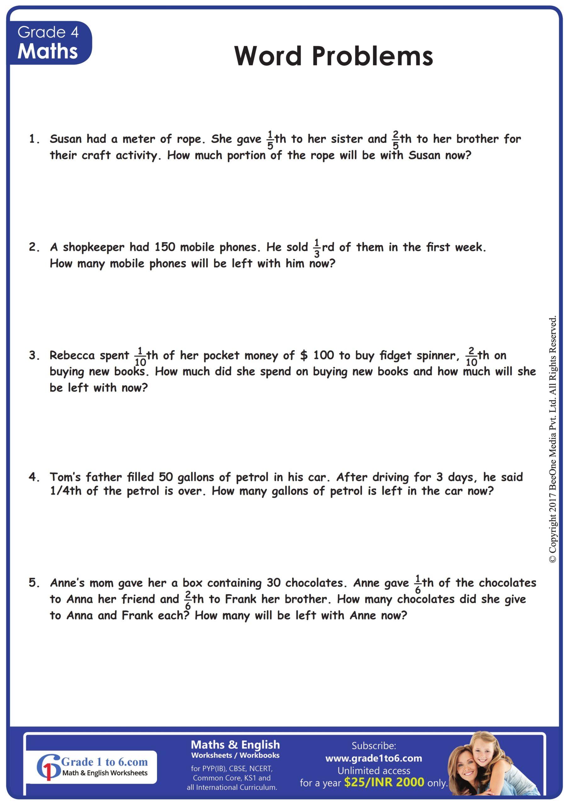Fractions Word Problems Grade1to6